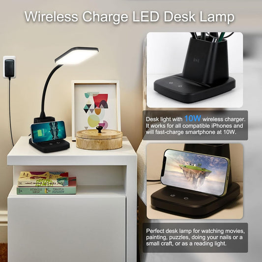 Desk Lamp, LED Desk Lamps for Home Office, Wireless Charger Small Desk