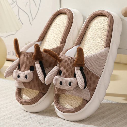 Cute Cartoon Cow Frog Slippers Linen Non-slip Shoes Indoor Garden Home