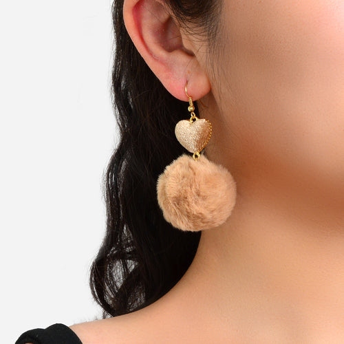Faux Fur Fluffy Ball Handmade Soft Plush Pom Pom Heart Dangle Earrings