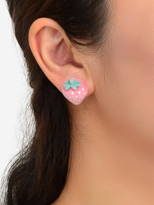 Handmade Cute 3D Flocking Pink Strawberry Stud Sweet Fruit Earring