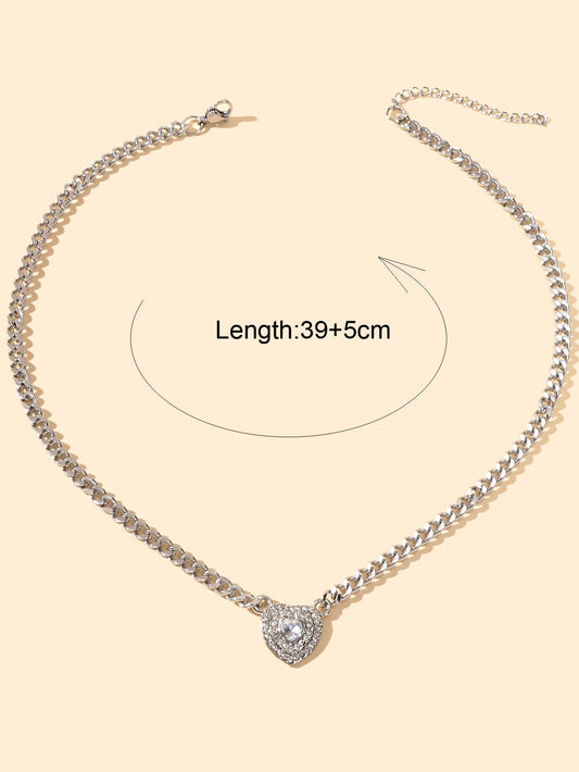 Textured Jewellery Silver Chain Full Rhinestone Heart Pendant Necklace