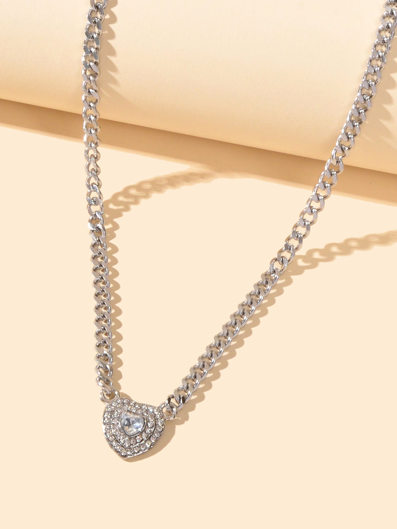 Textured Jewellery Silver Chain Full Rhinestone Heart Pendant Necklace