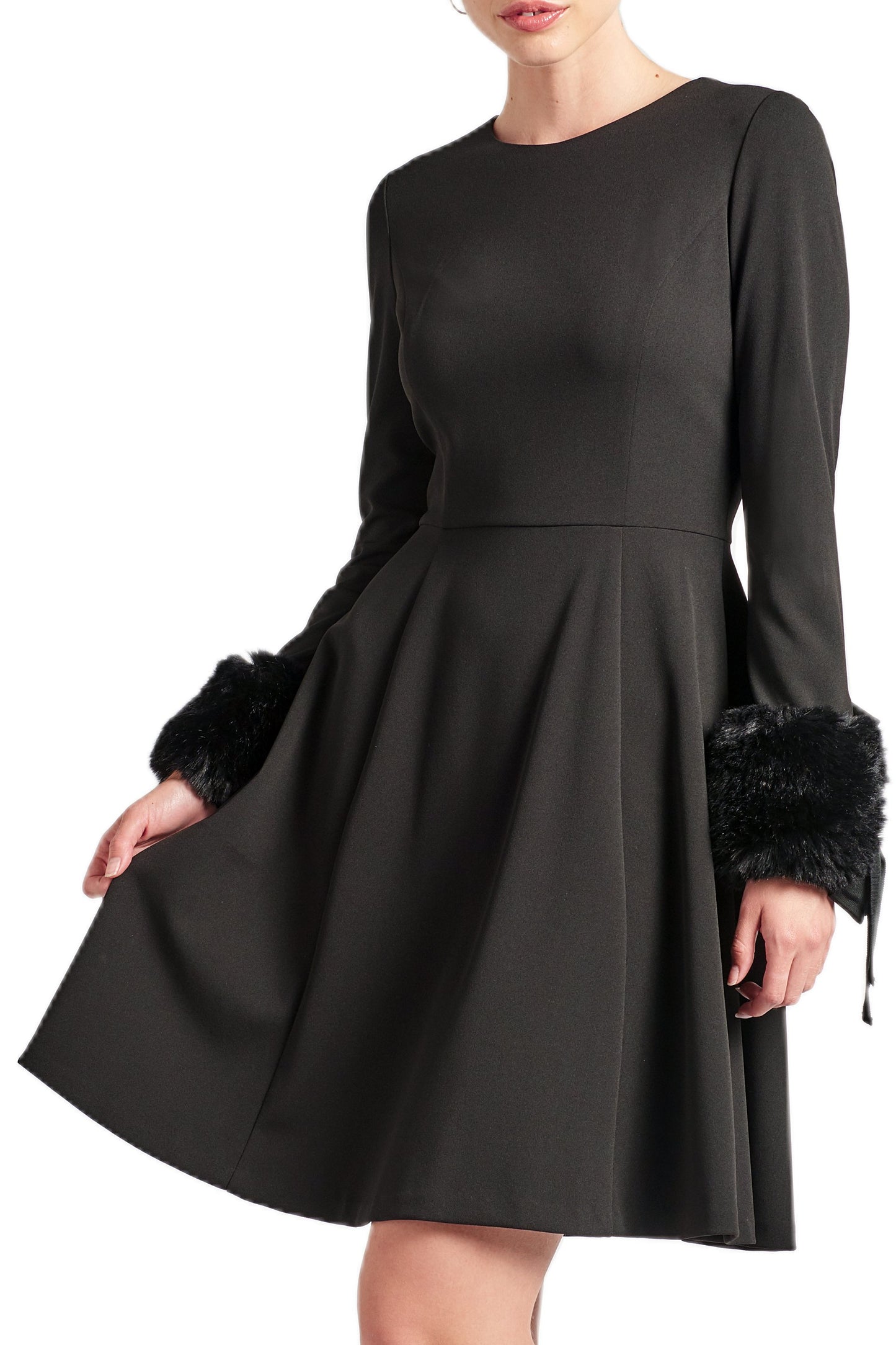 Caroline Dress - Long Sleeve Fit & Flare Black Dress with Faux Fur
