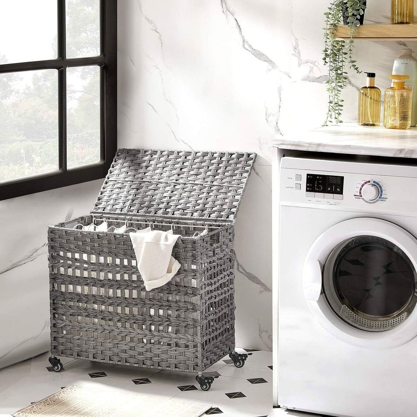 Grey PP Rattan 3-Basket Laundry Hamper Sorter Cart with Removable