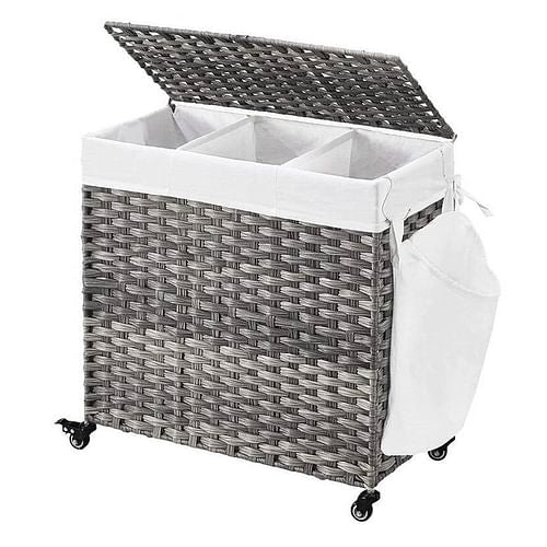 Handwoven Grey PP Rattan 3-Bag Laundry Basket Cart with Cotton Liner