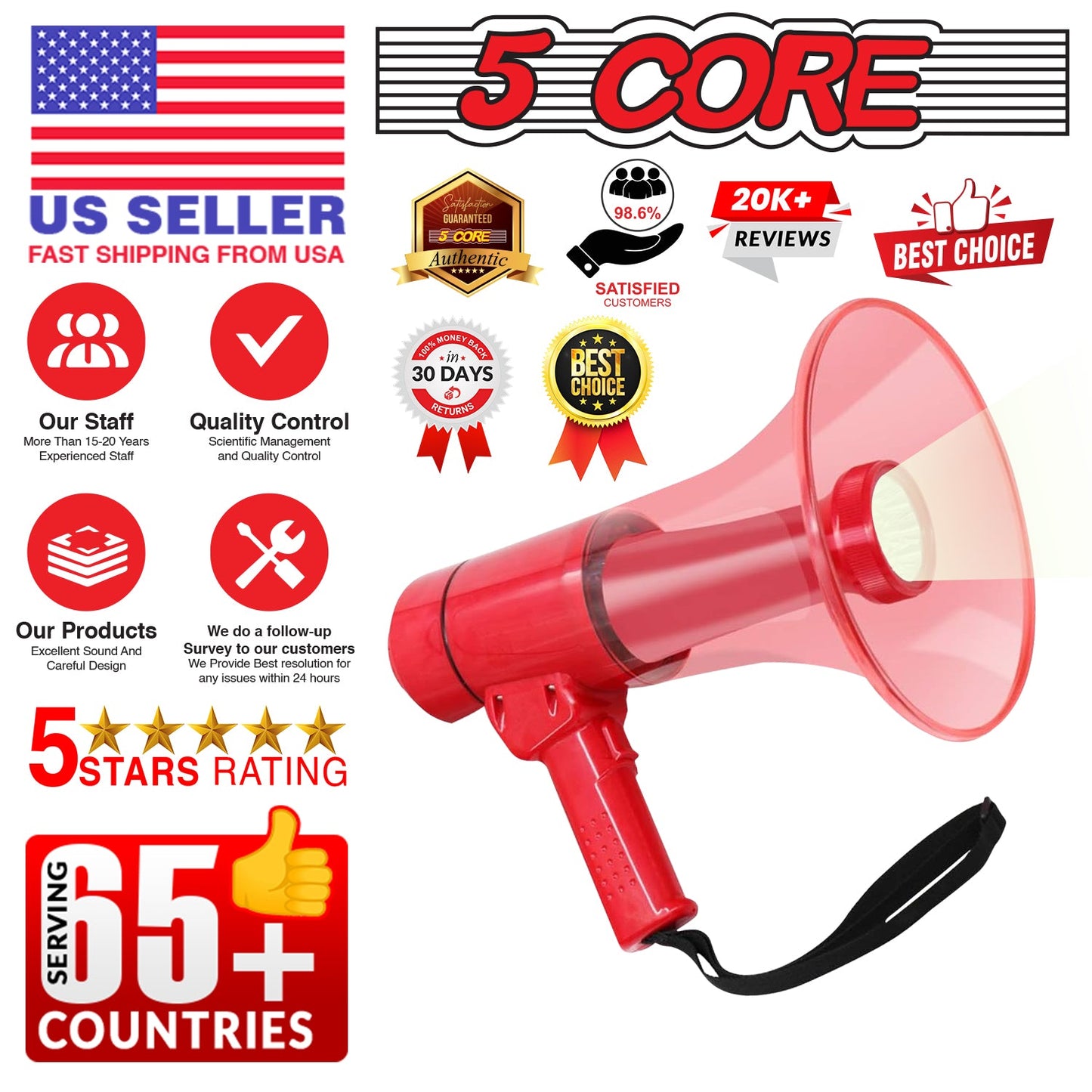 5Core Megaphone Bullhorn Speaker w Siren LED Light Adjustable Volume