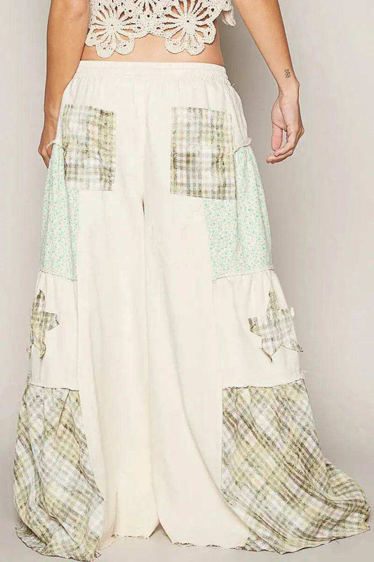 POL Drawstring Star Patch Contrast Wide Leg Pants