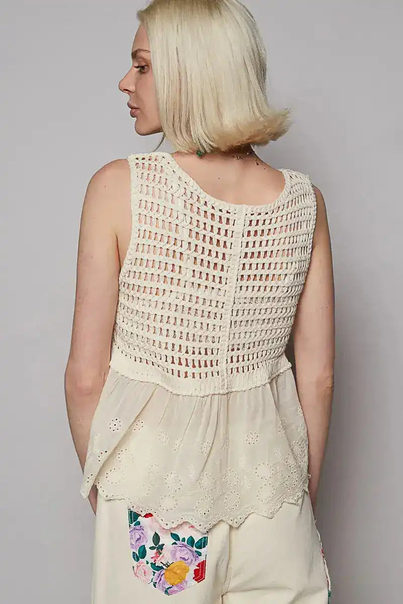 POL Embroidered Detail V-Neck Eyelet Peplum Tank