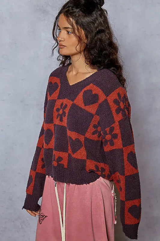POL V-Neck Heart Pattern Checkered Sweater