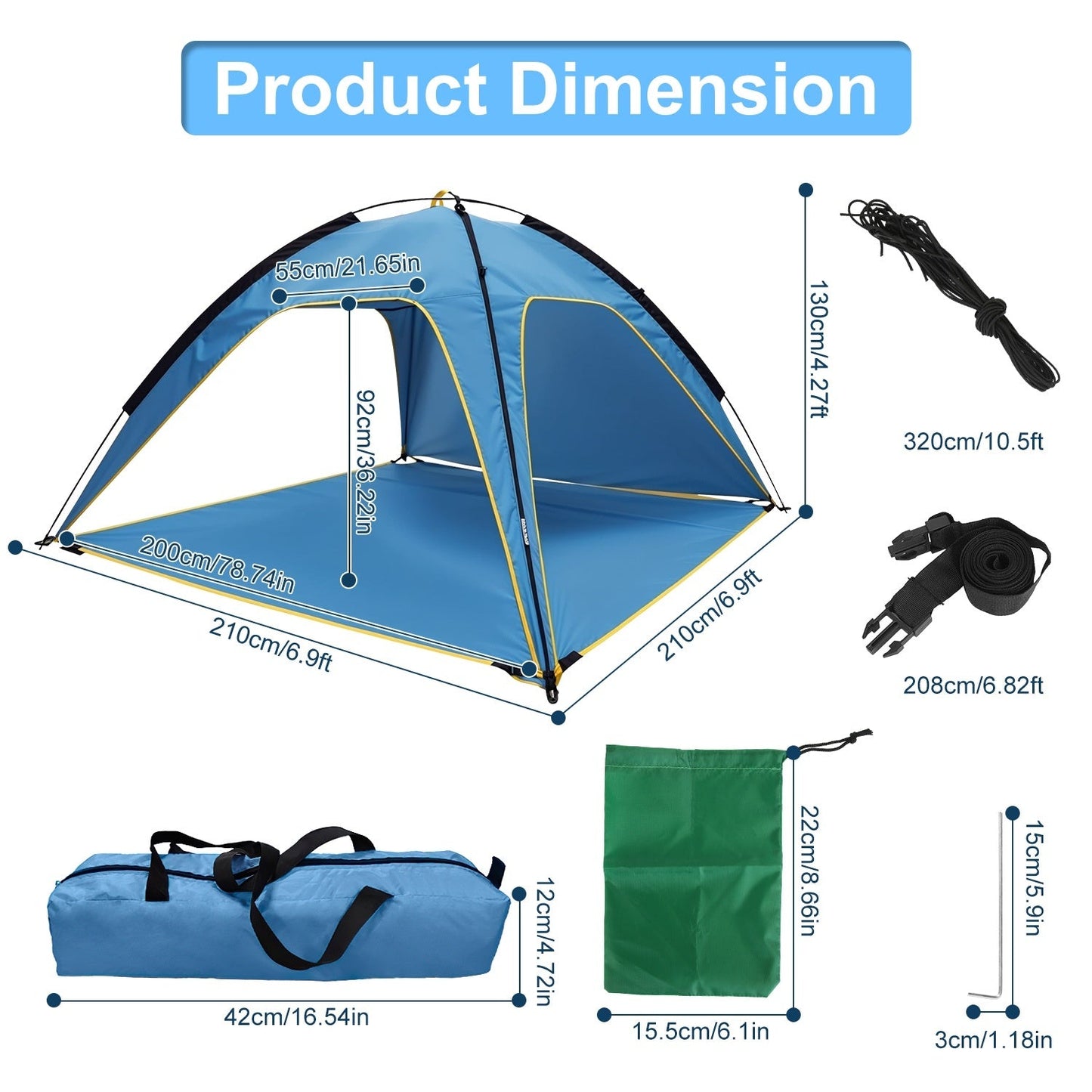 1Pc 4-6 Person Beach Tent Canopy With 3 Door Openings Carry Bag UPF50