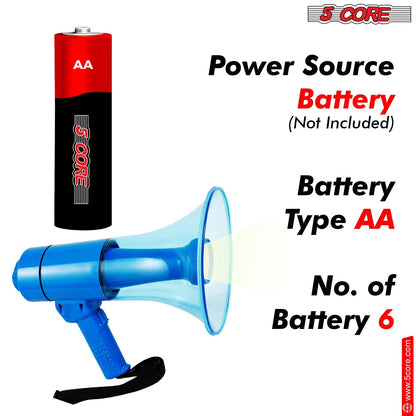 5Core Megaphone Bullhorn Speaker W Siren LED Light Adjustable Volume