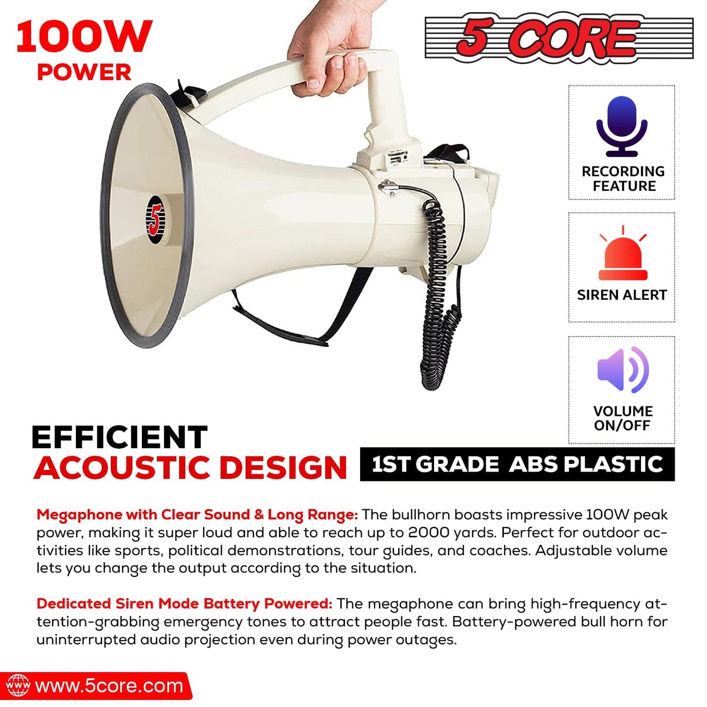 5Core Megaphone Bullhorn Speaker 100W Bull Horn Cheer Megafono 2000