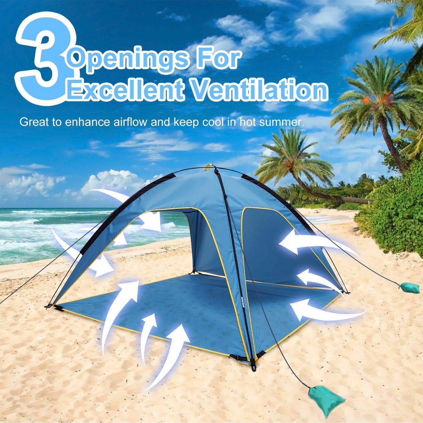 1Pc 4-6 Person Beach Tent Canopy  With 3 Door Openings Carry Bag UPF50
