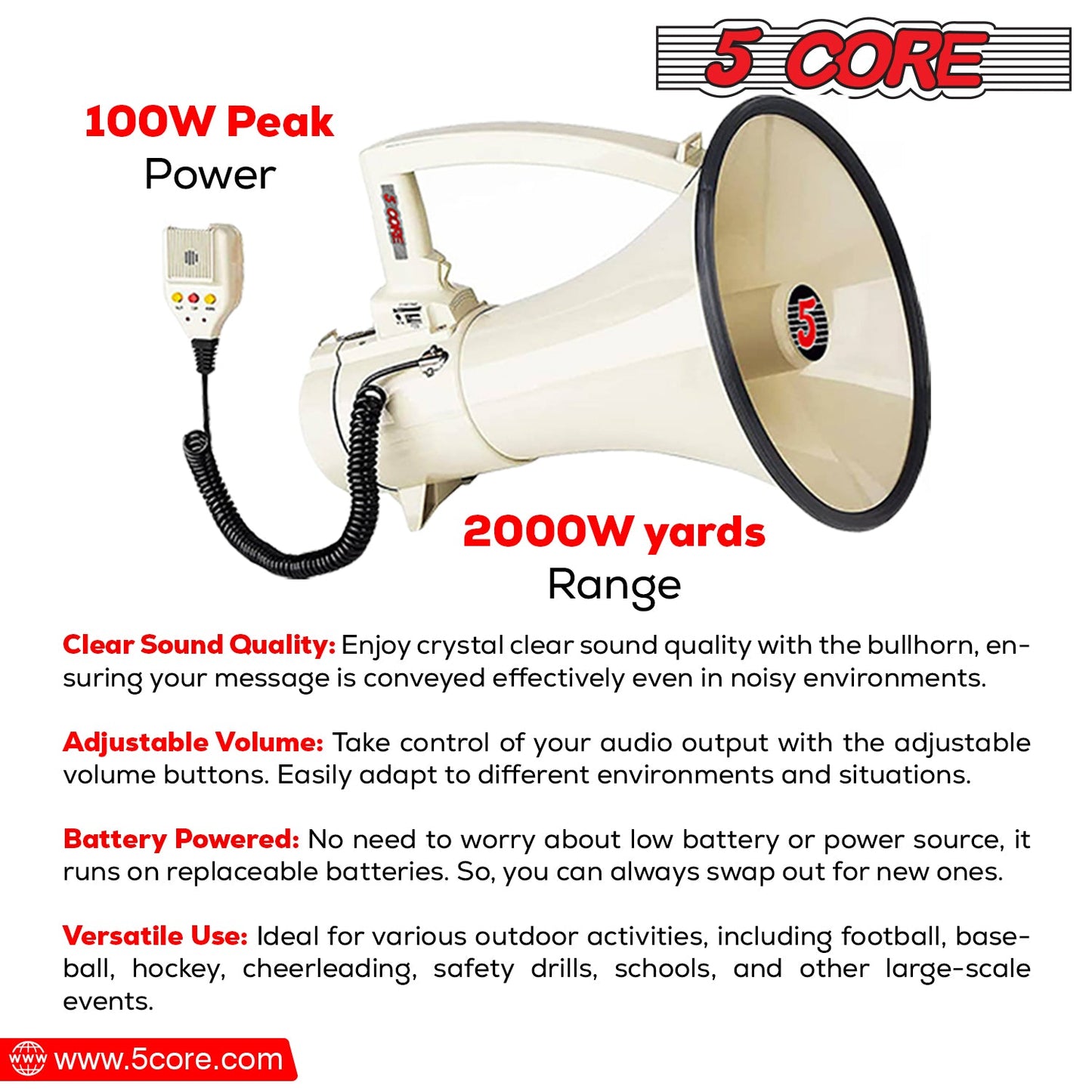 5Core Megaphone Bullhorn Speaker 100W Bull Horn Cheer Megafono 2000