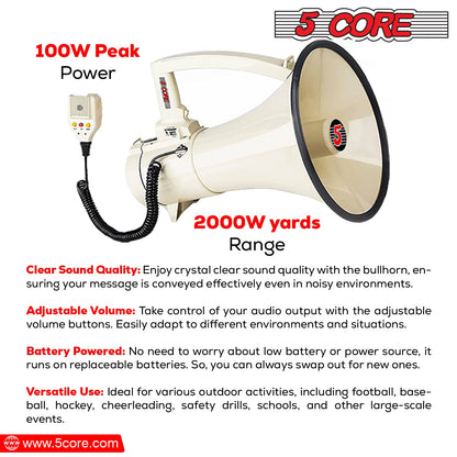 5Core Megaphone Bullhorn Speaker 100W Bull Horn Cheer Megafono 2000