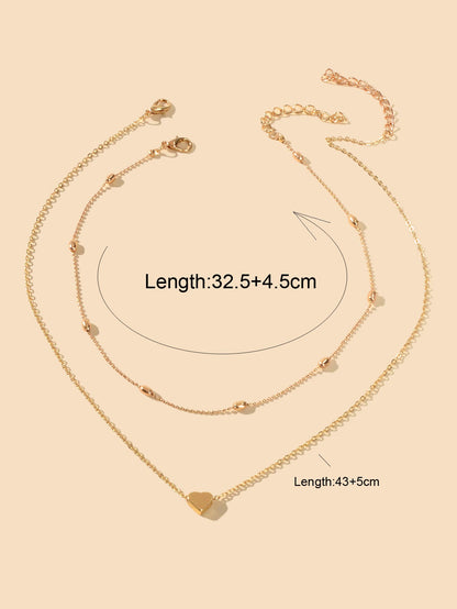 2 pcs Double layered Chain Heart Charm Necklace Fashion Women Gift