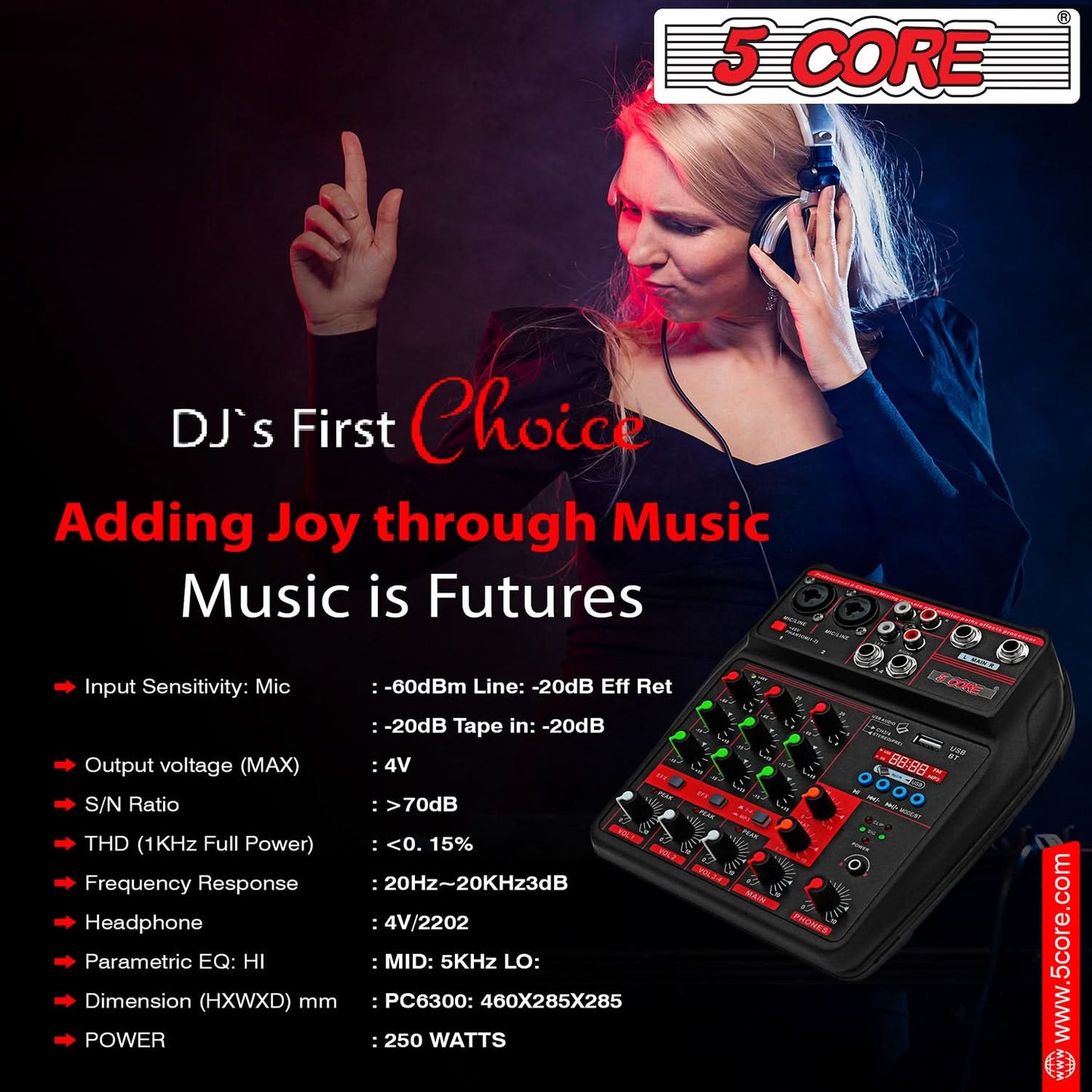 5 Core Audio Mixer 4 Channel DJ Equipment with Bluetooth USB Sound