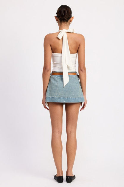 PLEATED DENIM MINI SKIRT WITH CONTRAST HEM DETAIL