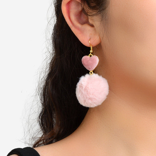 Faux Fur Fluffy Ball Handmade Soft Plush Pom Pom Heart Dangle Earrings