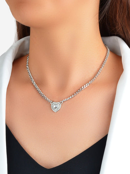 Textured Jewellery Silver Chain Full Rhinestone Heart Pendant Necklace