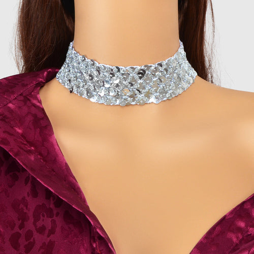 Shinny Wide Black Silver Sequin Choker Necklace Short Collar Costume