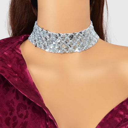 Shinny Wide Black Silver Sequin Choker Necklace Short Collar Costume