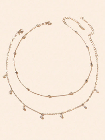 Sparkling Diamond Pendant Double Layer Silver Necklace Elegant