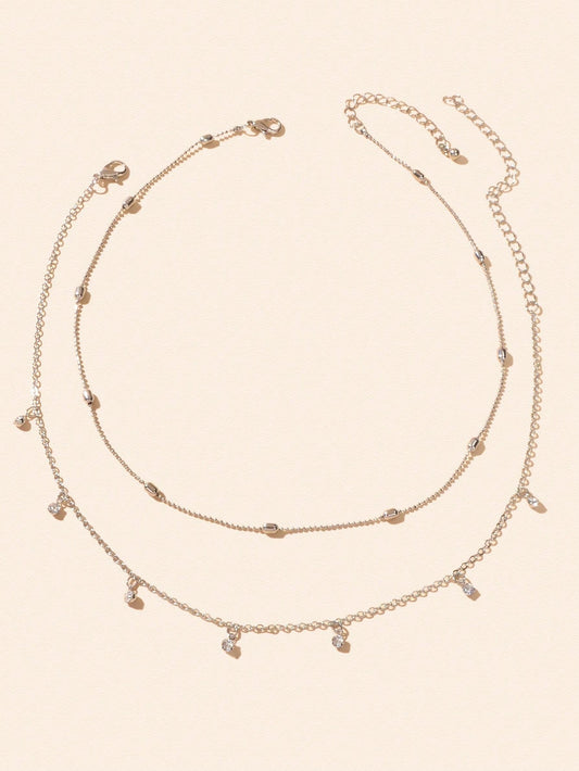 Sparkling Diamond Pendant Double Layer Silver Necklace Elegant