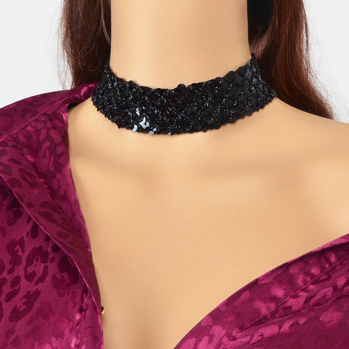 Shinny Wide Black Silver Sequin Choker Necklace Short Collar Costume