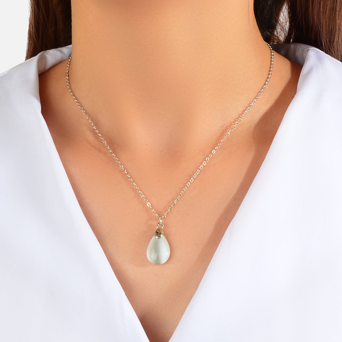 Textured Jewelry Silver Chain Opal Water Drop Charm Necklace Gift for