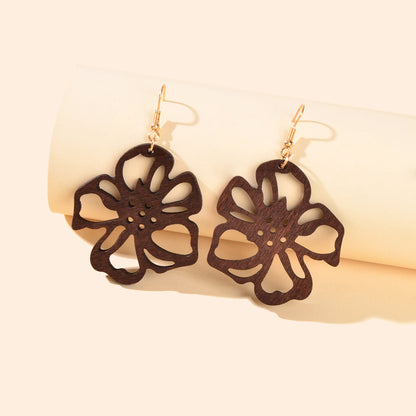 Ethnic Brown African Natural Wooden Hollow Flower Dangle Bohemian