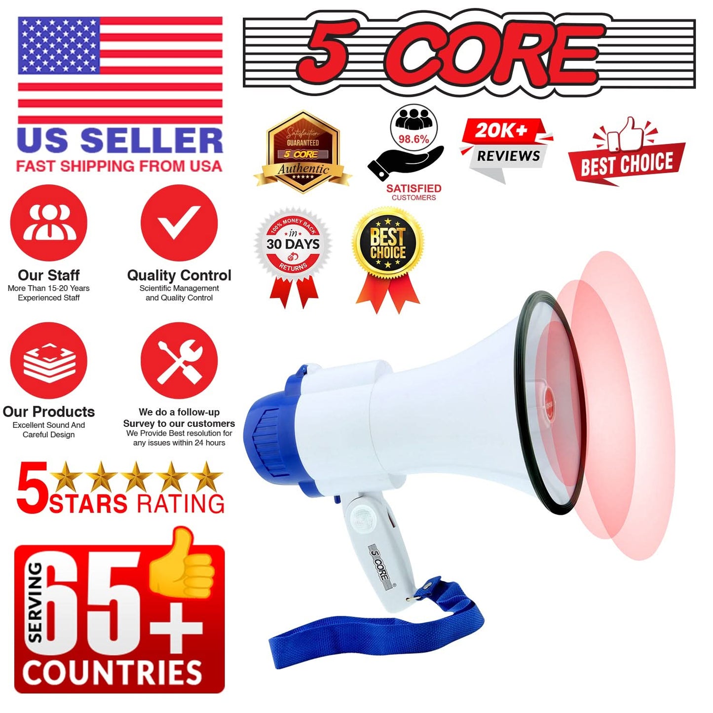 5Core Megaphone Bullhorn Speaker 30W Mini Bull Horn Battery Power