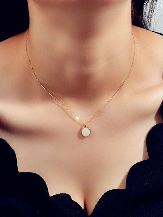 Textured Jewellery Gold Chain White Enamel Round Pendant Necklace