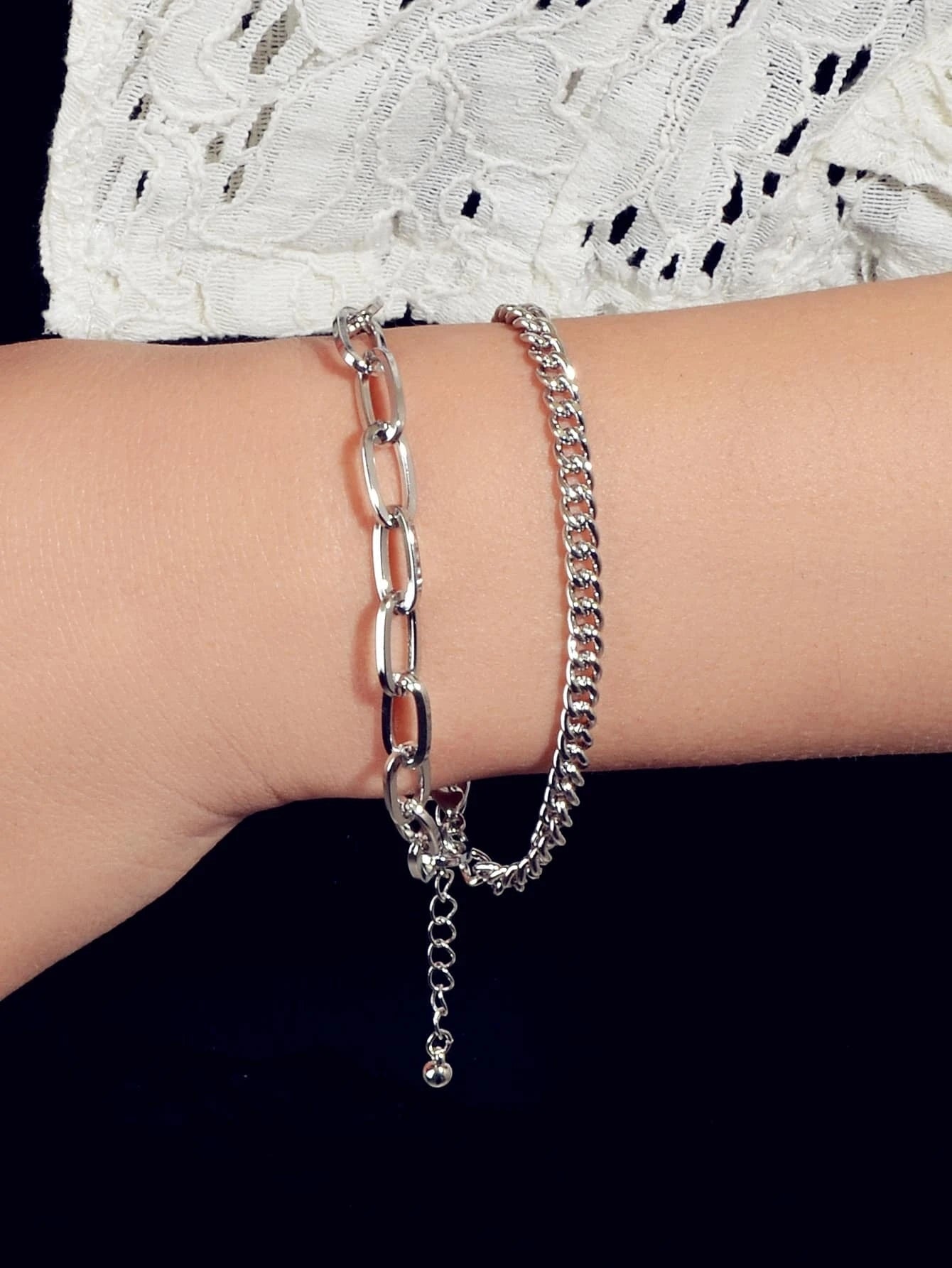 Double layer Silver Chunky Chain Bracelet Women Teens Punk Beach