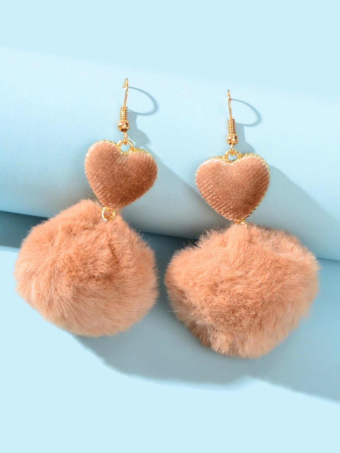 Faux Fur Fluffy Ball Handmade Soft Plush Pom Pom Heart Dangle Earrings