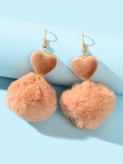 Faux Fur Fluffy Ball Handmade Soft Plush Pom Pom Heart Dangle Earrings