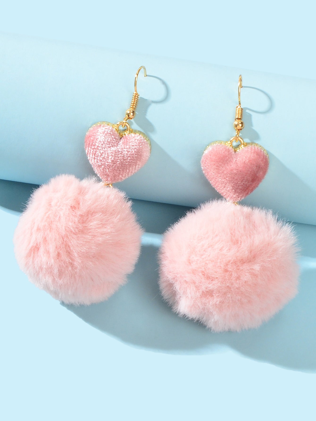 Faux Fur Fluffy Ball Handmade Soft Plush Pom Pom Heart Dangle Earrings