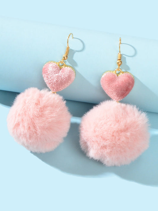 Faux Fur Fluffy Ball Handmade Soft Plush Pom Pom Heart Dangle Earrings