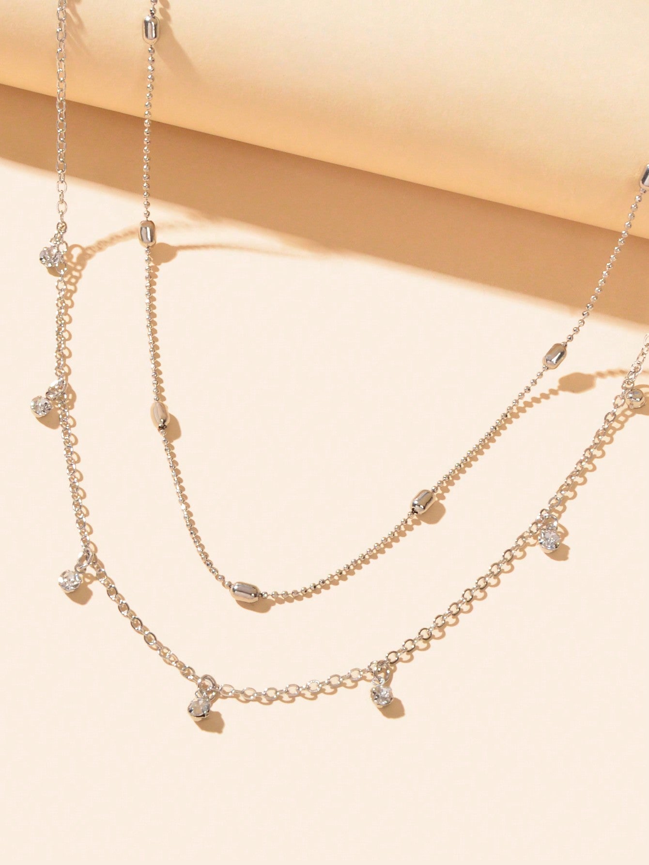 Sparkling Diamond Pendant Double Layer Silver Necklace Elegant