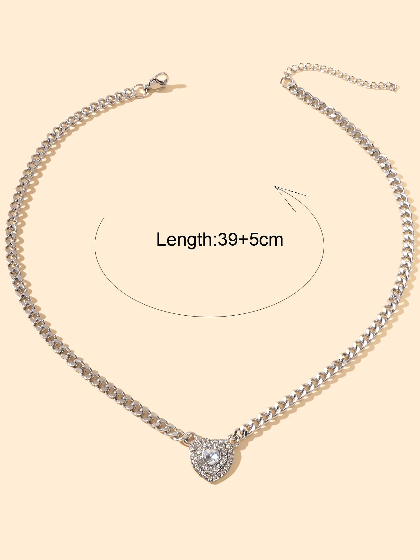 Textured Jewellery Silver Chain Full Rhinestone Heart Pendant Necklace
