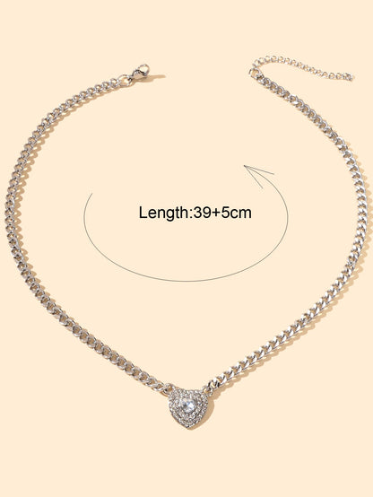 Textured Jewellery Silver Chain Full Rhinestone Heart Pendant Necklace