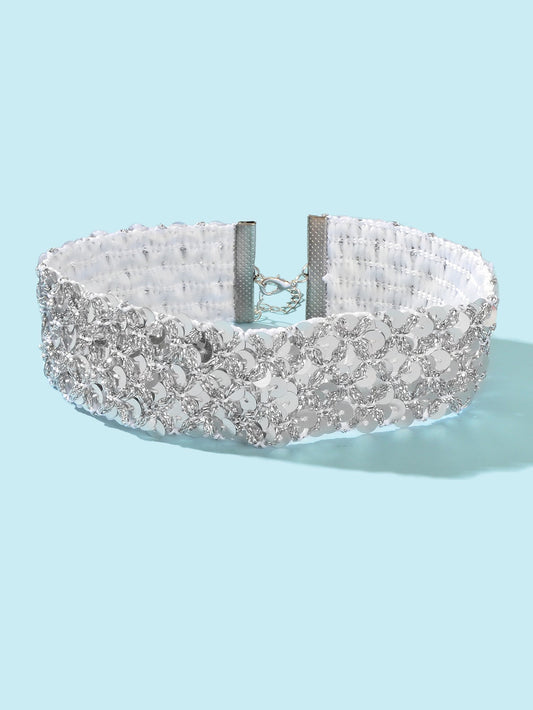 Shinny Wide Black Silver Sequin Choker Necklace Short Collar Costume