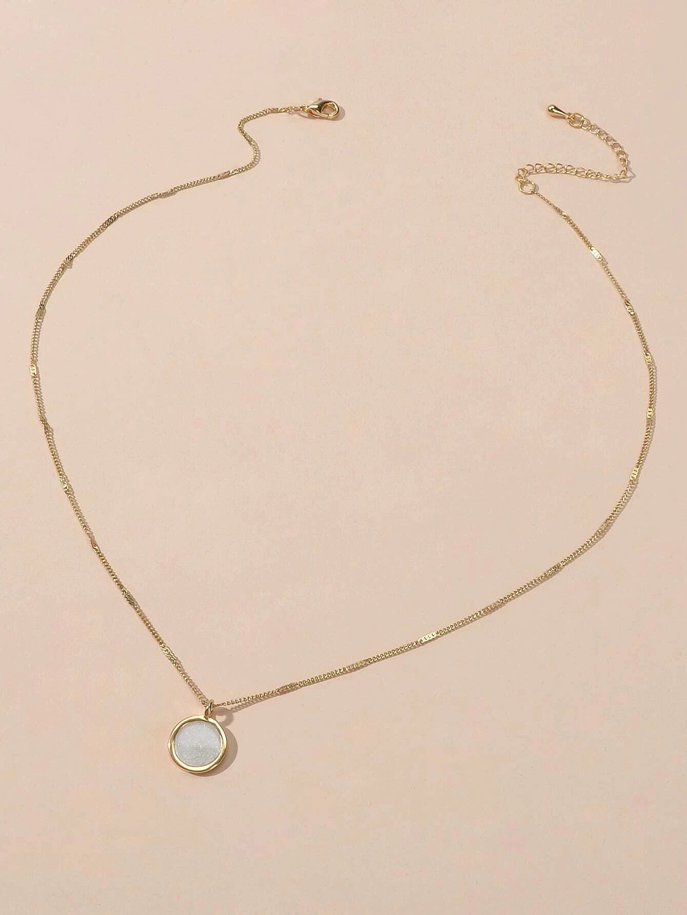 Textured Jewellery Gold Chain White Enamel Round Pendant Necklace