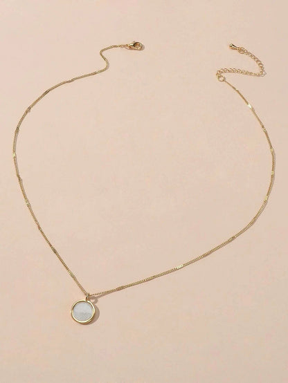 Textured Jewellery Gold Chain White Enamel Round Pendant Necklace