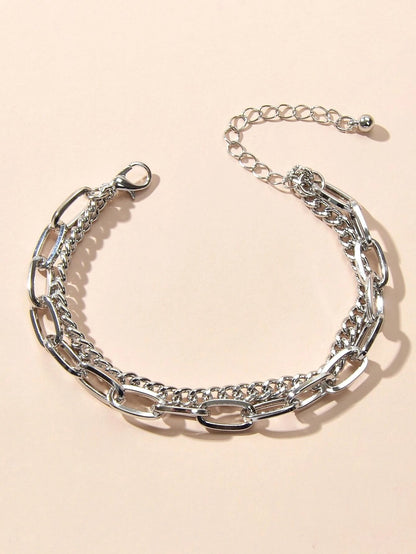 Double layer Silver Chunky Chain Bracelet Women Teens Punk Beach