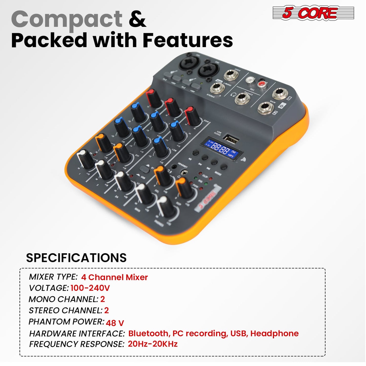 5 Core Audio Mixer 4 Channel DJ Equipment with Bluetooth USB Sound