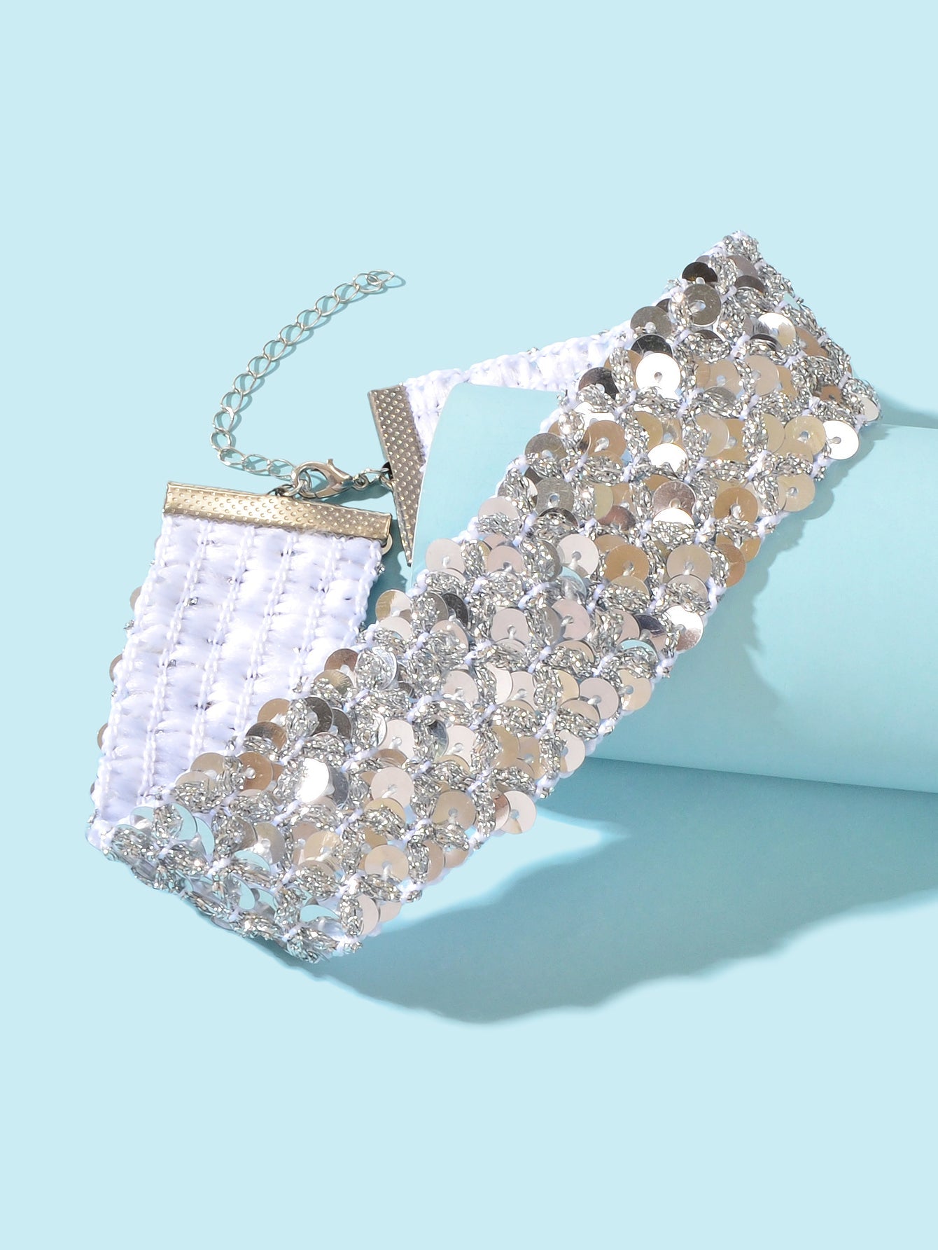 Shinny Wide Black Silver Sequin Choker Necklace Short Collar Costume