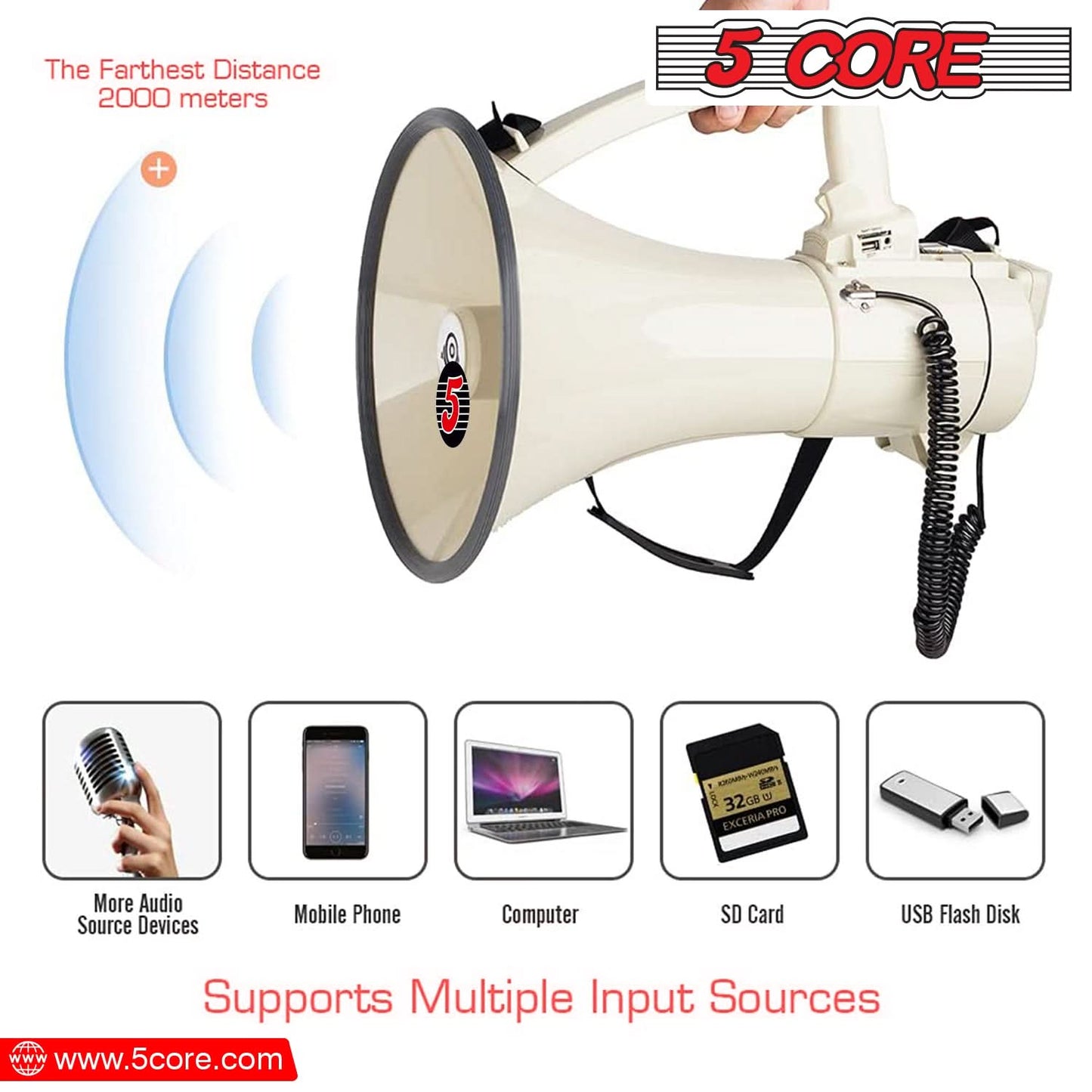 5Core Megaphone Bullhorn Speaker 100W Bull Horn Cheer Megafono 2000