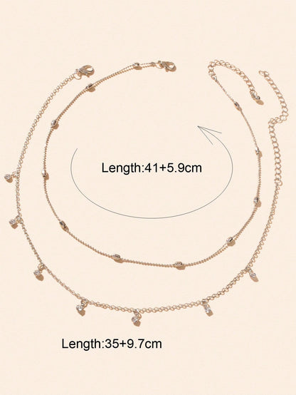 Sparkling Diamond Pendant Double Layer Silver Necklace Elegant