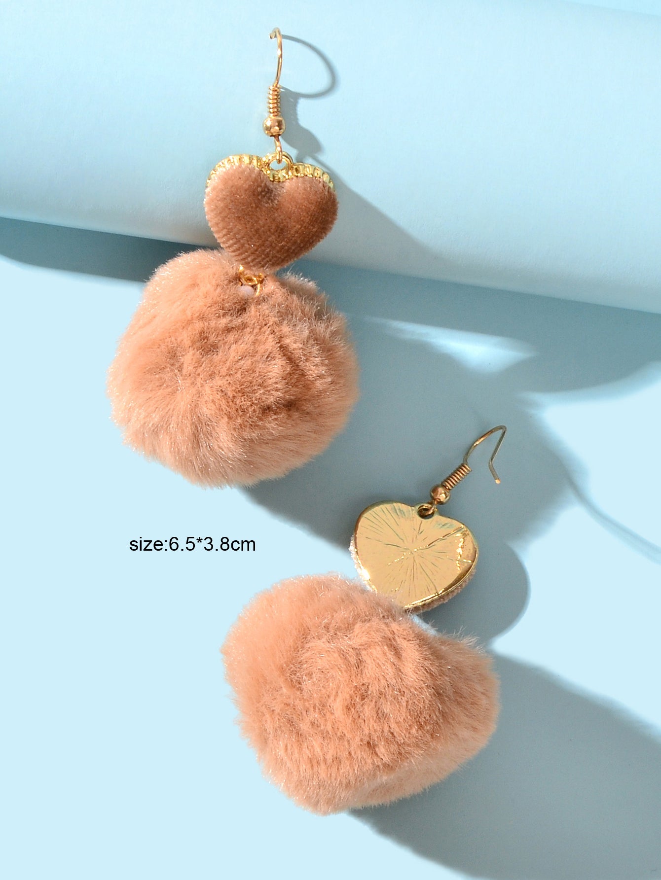 Faux Fur Fluffy Ball Handmade Soft Plush Pom Pom Heart Dangle Earrings